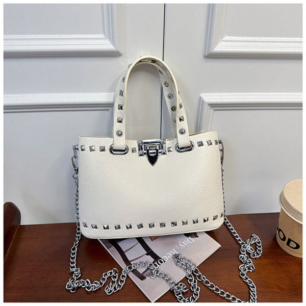 rivet-decorated handbag with female lock clasp chain crossbody bag commuting bag tote bag single-shoulder women's bag