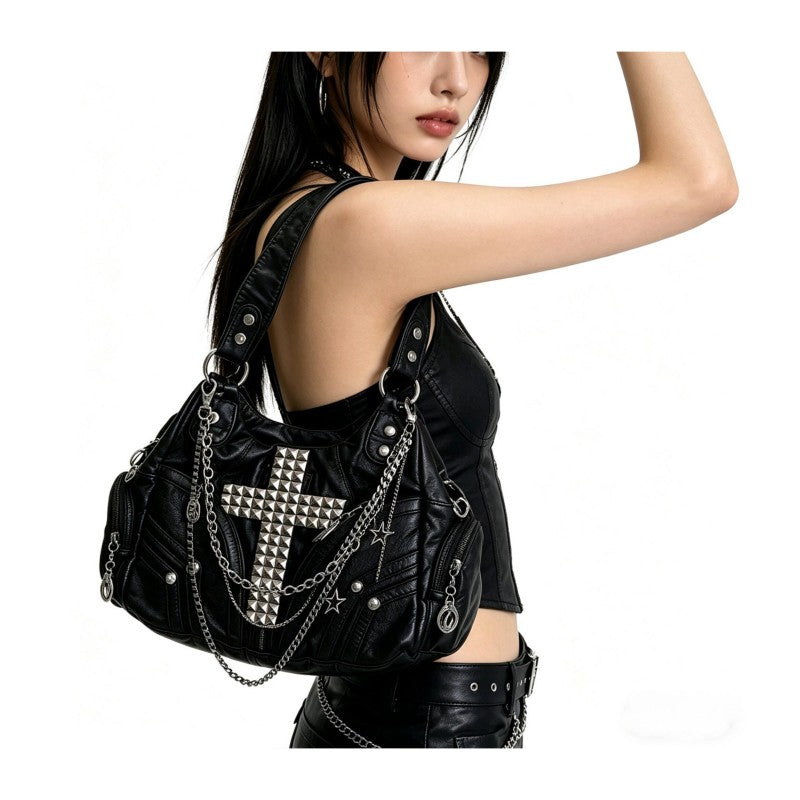 Punk-style chain bag black motorcycle cross-cultural gothic girl single-shoulder tote bag versatile crossbody bag