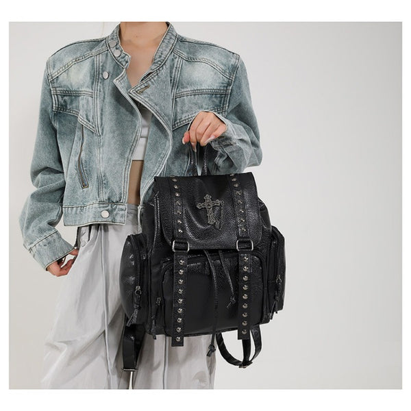 Punk Motorcycle Style Gothic Backpack New Retro Niche High-End Cross Stud Commuter Bag