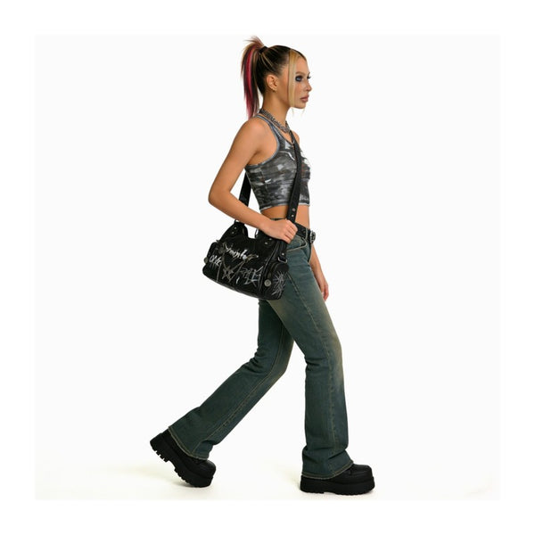 Punk style motorcycle bag women chain dark graffiti sweet and cool tote bag niche Y2K shoulder armpit and crossbody bag