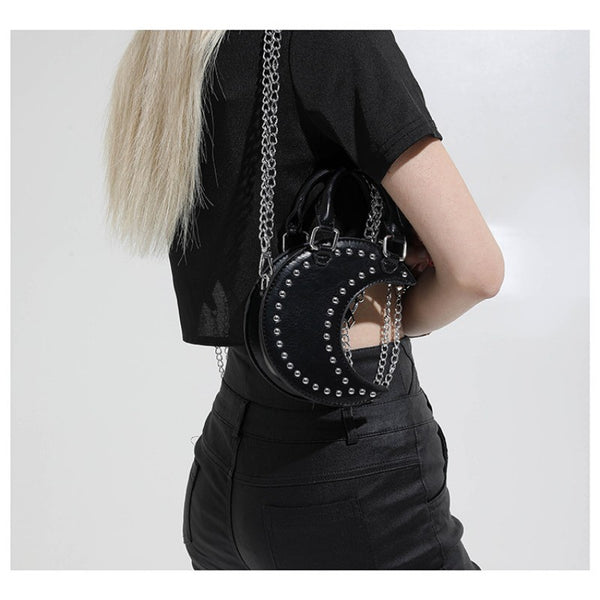 European and American punk style studded moon bag for women, niche design, fashionable chain single-shoulder cute saddle bag
