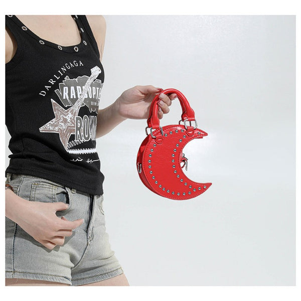 European and American punk style studded moon bag for women, niche design, fashionable chain single-shoulder cute saddle bag