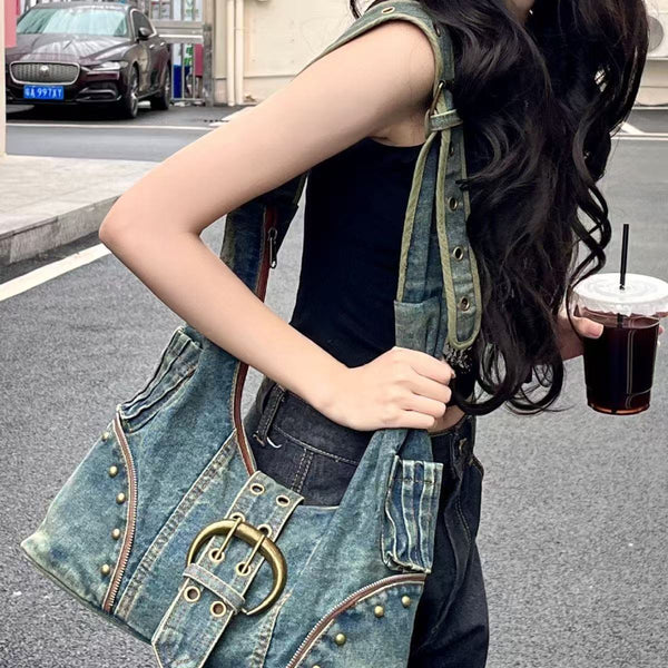 Washed denim single shoulder crossbody bag