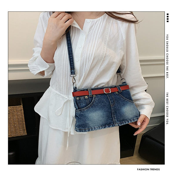 retro denim single-shoulder crossbody bag women's belt decoration creative bag denim skirt bag
