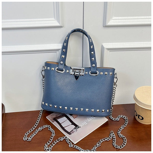 rivet-decorated handbag with female lock clasp chain crossbody bag commuting bag tote bag single-shoulder women's bag