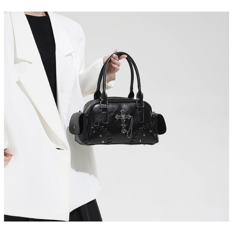 Gothic style cross Boston bag single shoulder斜挎 handbag rivet pillow bag bowling bag
