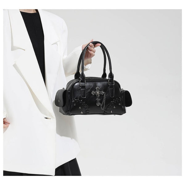 Gothic style cross Boston bag single shoulder斜挎 handbag rivet pillow bag bowling bag