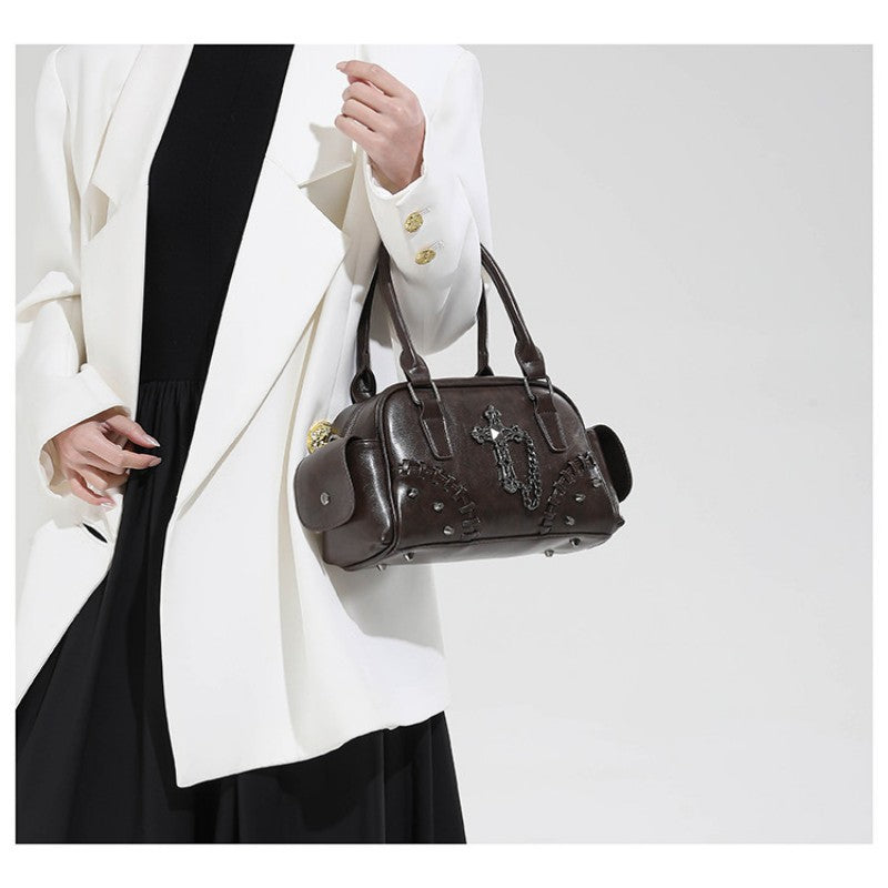 Gothic style cross Boston bag single shoulder斜挎 handbag rivet pillow bag bowling bag