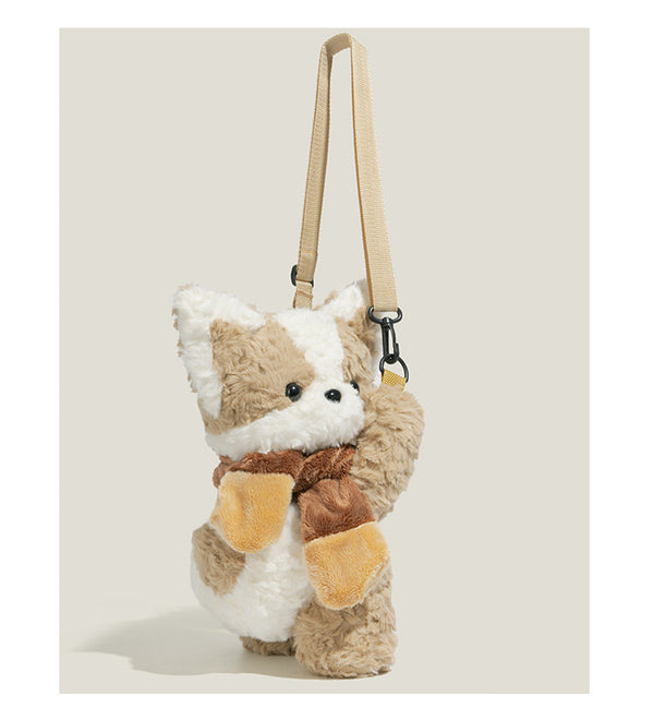 Fluffy Corgi Plush Doll Crossbody Decorative Mini Backpack