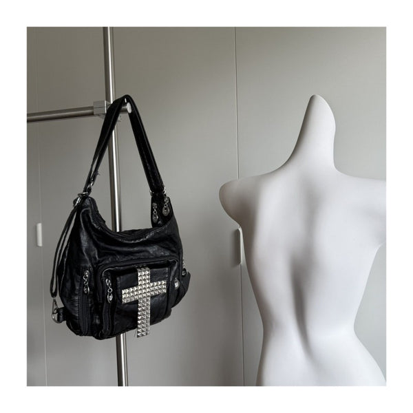 Cross tote bag, black rivet motorcycle bag, spicy girl street commuting single shoulder backpack