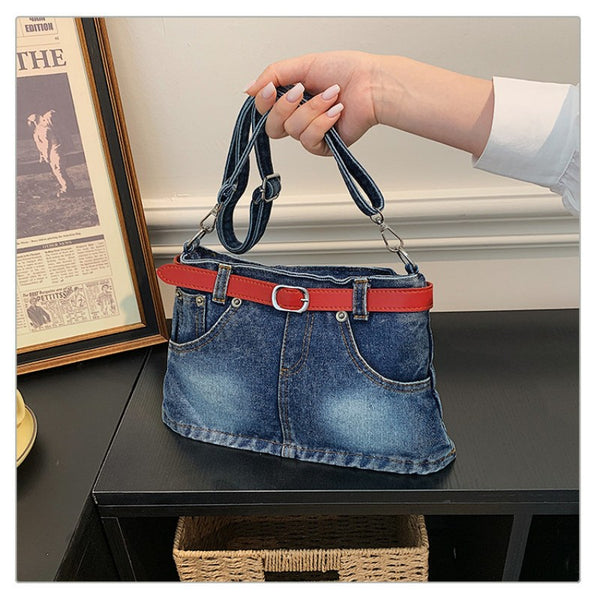 retro denim single-shoulder crossbody bag women's belt decoration creative bag denim skirt bag