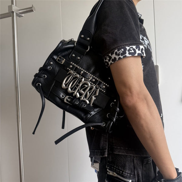 Gothic letter underarm bag for women rivet motorcycle style Y2K niche single shoulder crossbody punk Abby handbag for flirty girls