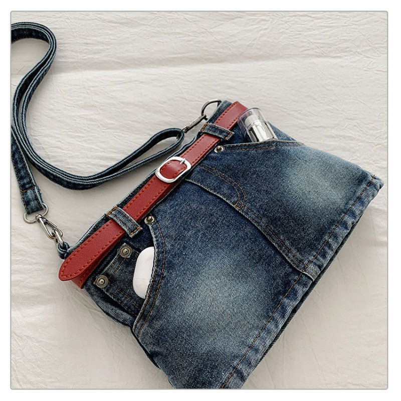 retro denim single-shoulder crossbody bag women's belt decoration creative bag denim skirt bag