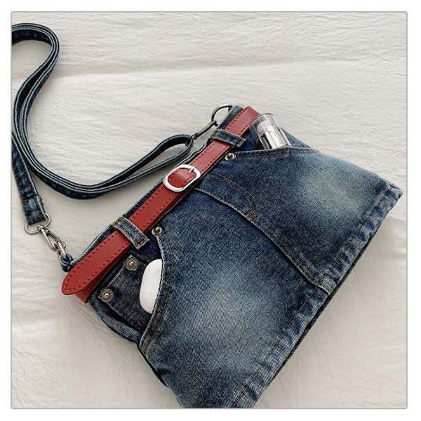retro denim single-shoulder crossbody bag women's belt decoration creative bag denim skirt bag