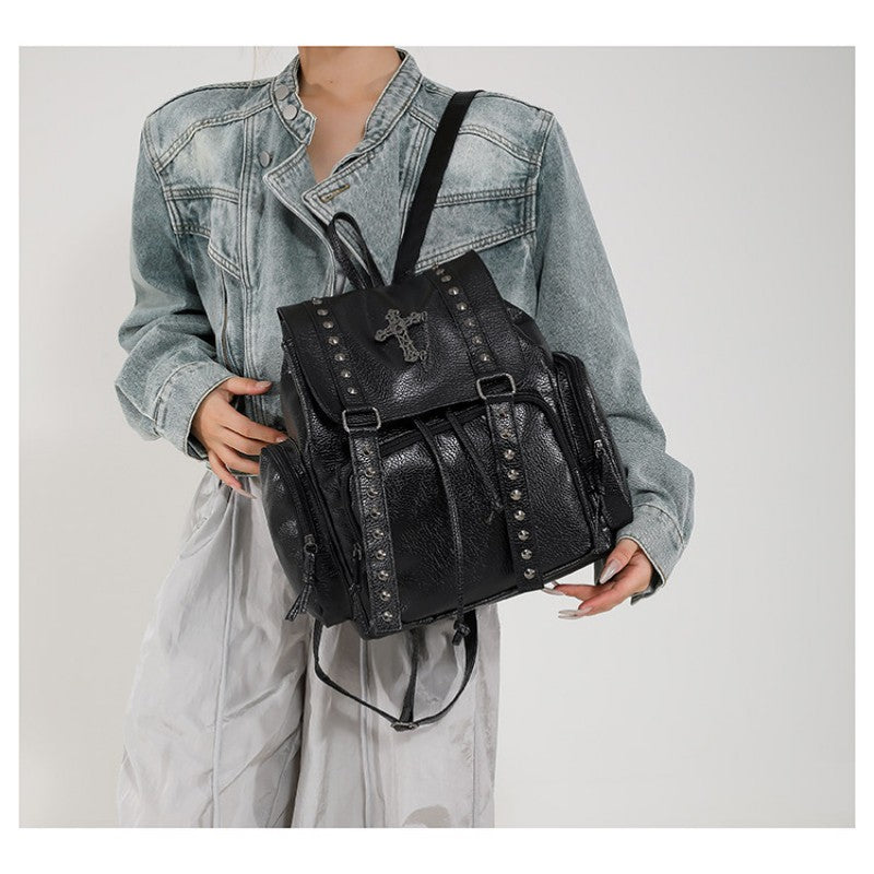 Punk Motorcycle Style Gothic Backpack New Retro Niche High-End Cross Stud Commuter Bag