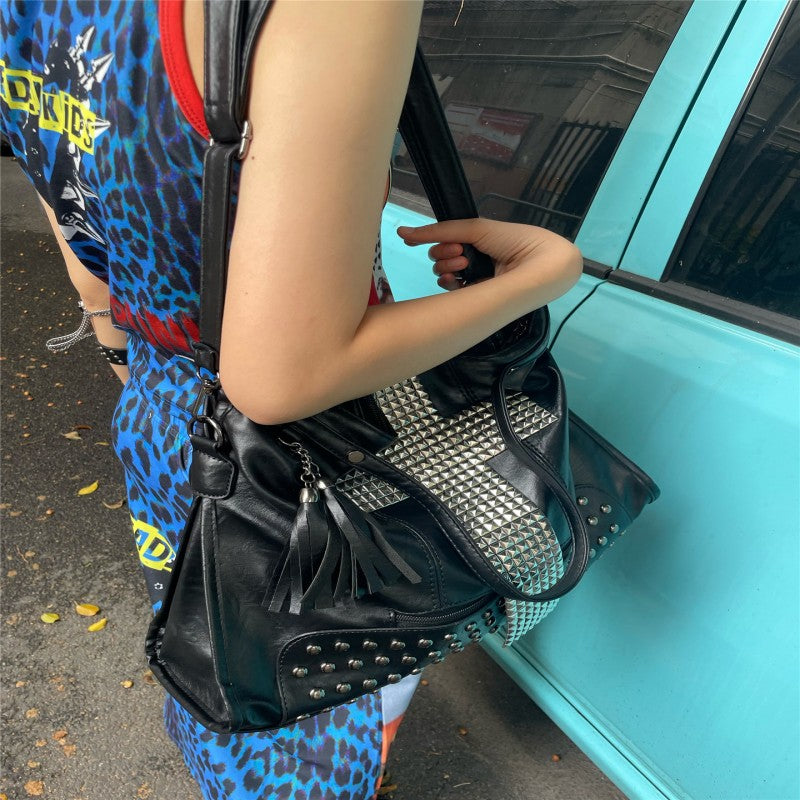 Motorcycle bag, rivet cross tote bag, street punk style Y2K crossbody commuting large capacity shoulder bag