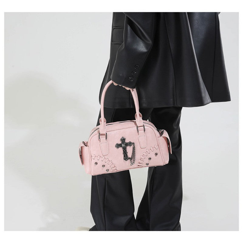 Gothic style cross Boston bag single shoulder斜挎 handbag rivet pillow bag bowling bag