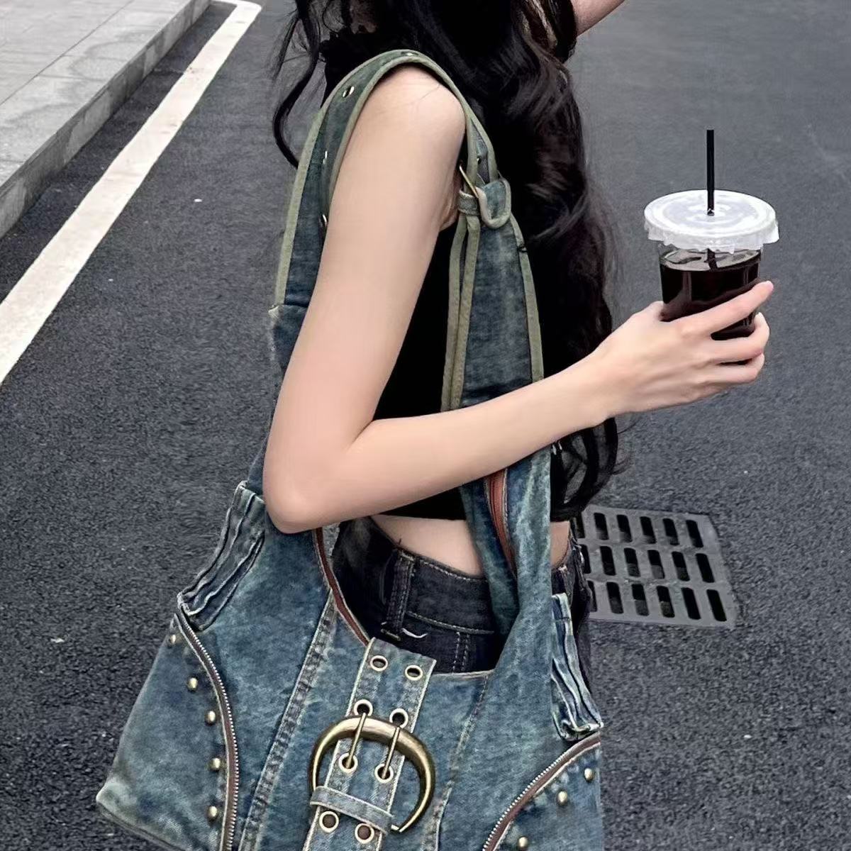Washed denim single shoulder crossbody bag