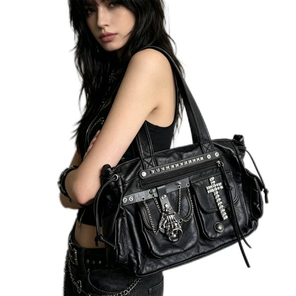 Cross-tote bag with black rivets, motorcycle bag, goth chic street commuter single shoulder double shoulder bag