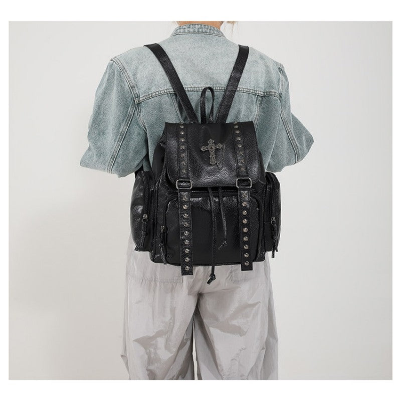 Punk Motorcycle Style Gothic Backpack New Retro Niche High-End Cross Stud Commuter Bag