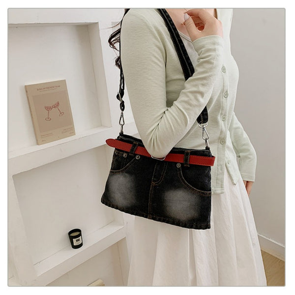 retro denim single-shoulder crossbody bag women's belt decoration creative bag denim skirt bag