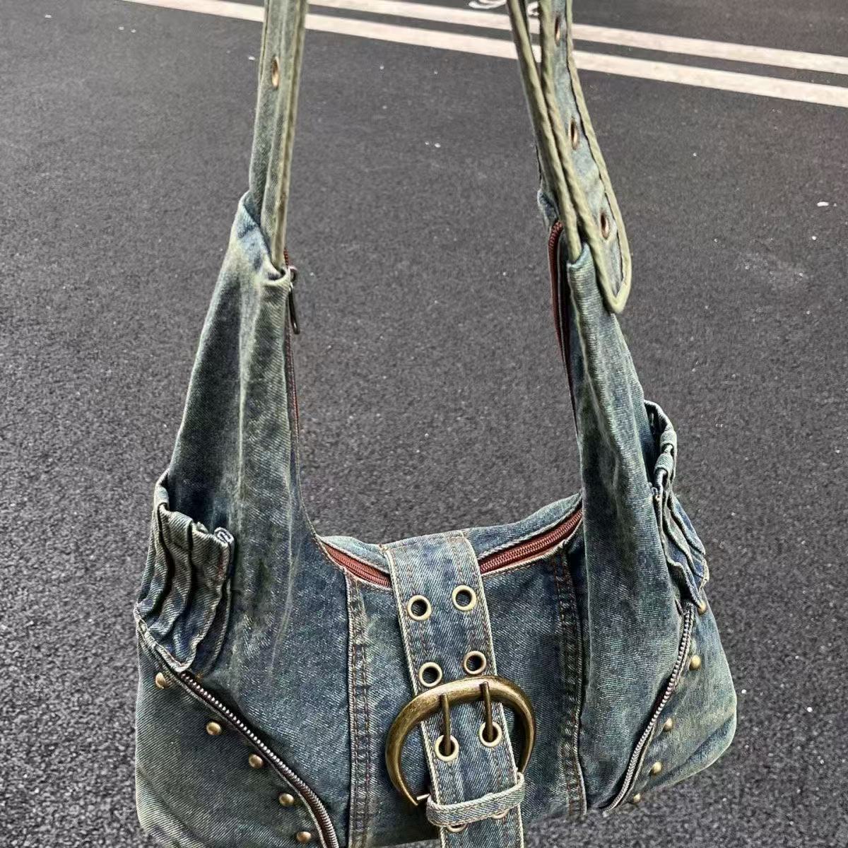 Washed denim single shoulder crossbody bag
