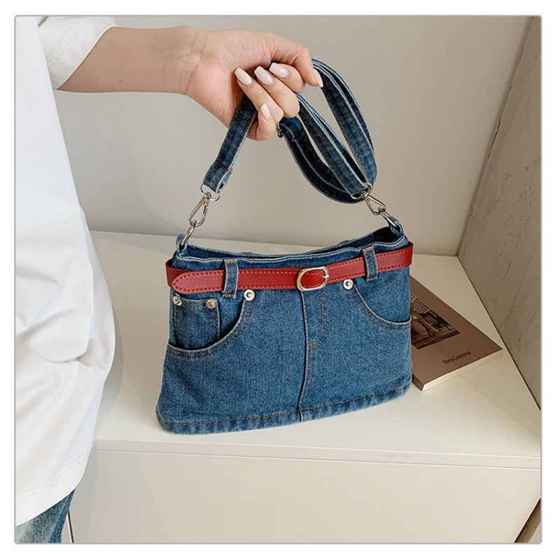 retro denim single-shoulder crossbody bag women's belt decoration creative bag denim skirt bag