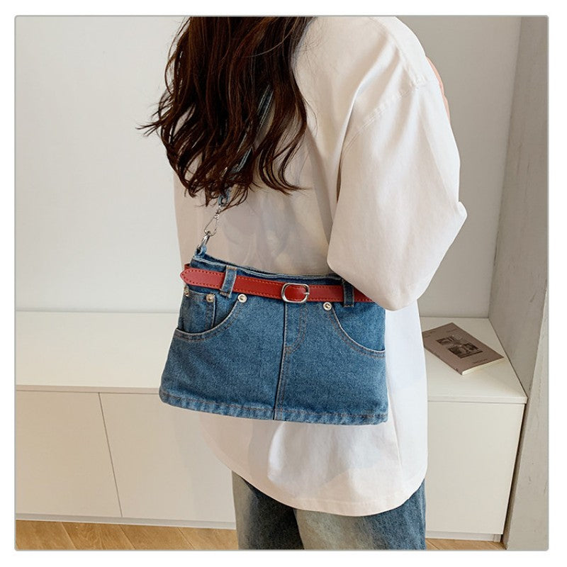 retro denim single-shoulder crossbody bag women's belt decoration creative bag denim skirt bag