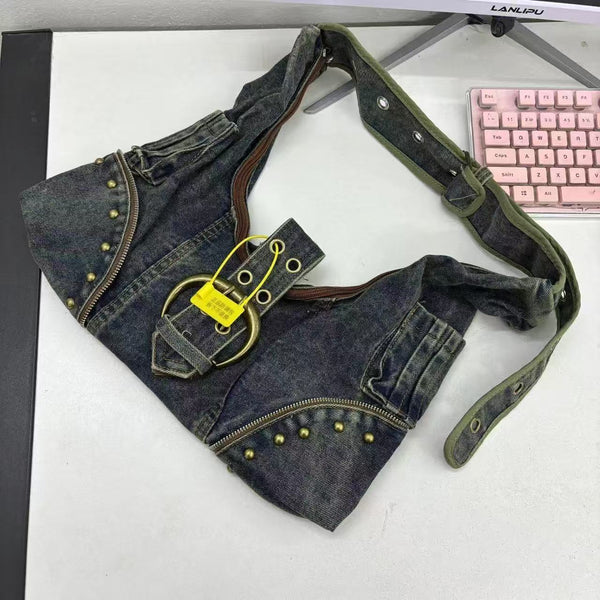 Washed denim single shoulder crossbody bag