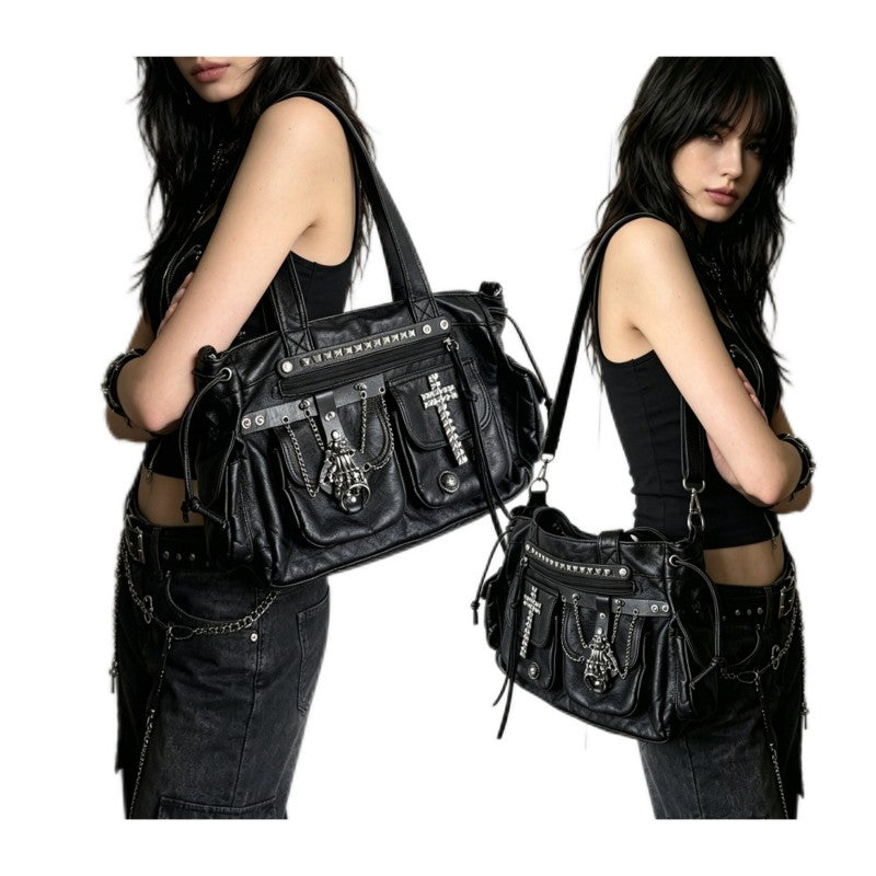 Cross-tote bag with black rivets, motorcycle bag, goth chic street commuter single shoulder double shoulder bag