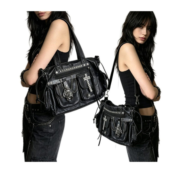 Cross-tote bag with black rivets, motorcycle bag, goth chic street commuter single shoulder double shoulder bag