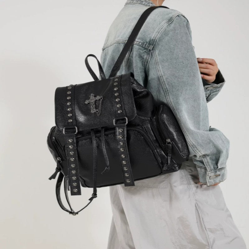 Punk Motorcycle Style Gothic Backpack New Retro Niche High-End Cross Stud Commuter Bag