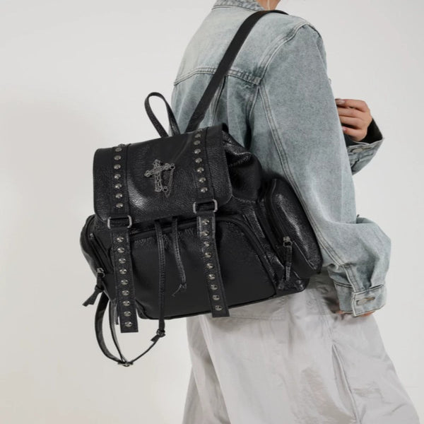 Punk Motorcycle Style Gothic Backpack New Retro Niche High-End Cross Stud Commuter Bag