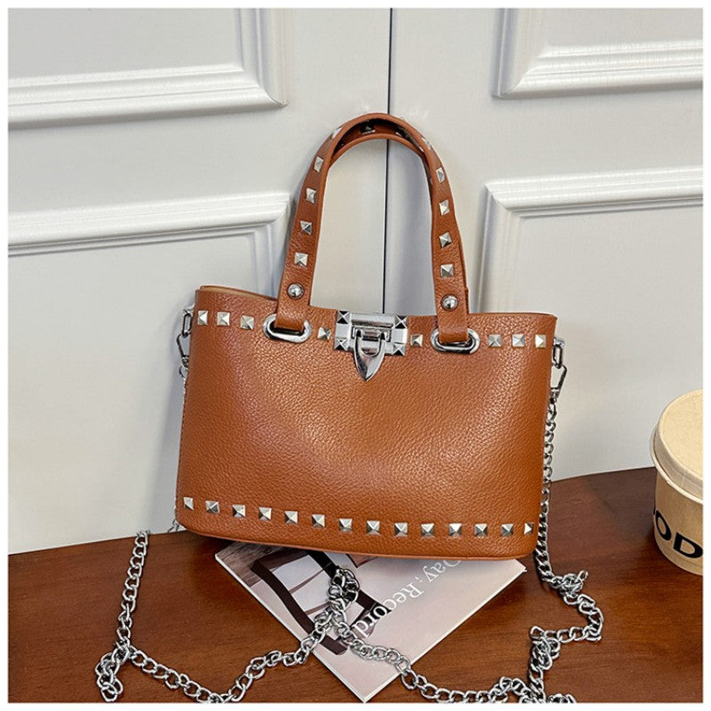 rivet-decorated handbag with female lock clasp chain crossbody bag commuting bag tote bag single-shoulder women's bag