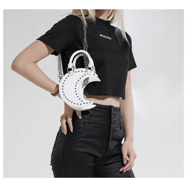 European and American punk style studded moon bag for women, niche design, fashionable chain single-shoulder cute saddle bag