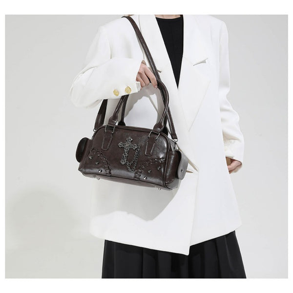 Gothic style cross Boston bag single shoulder斜挎 handbag rivet pillow bag bowling bag