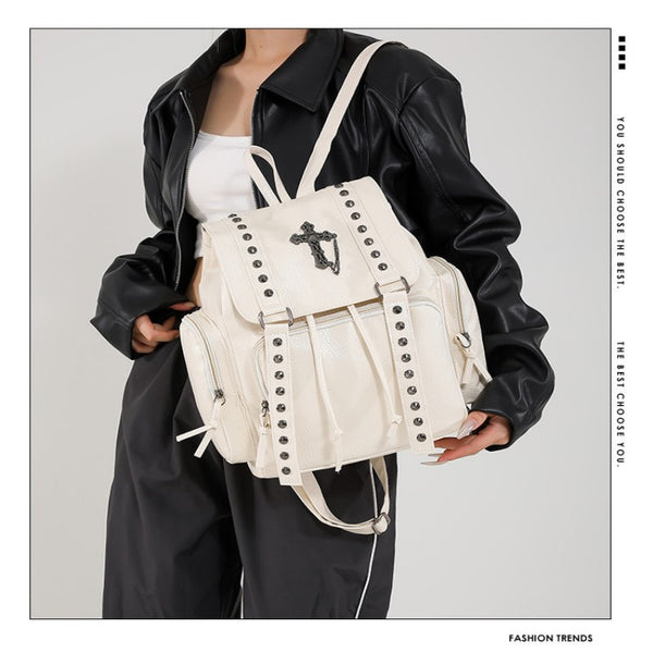 Punk Motorcycle Style Gothic Backpack New Retro Niche High-End Cross Stud Commuter Bag