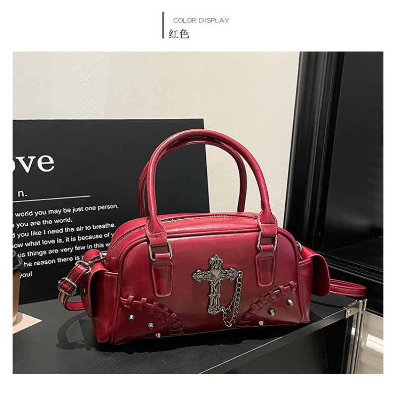 Gothic style cross Boston bag single shoulder斜挎 handbag rivet pillow bag bowling bag