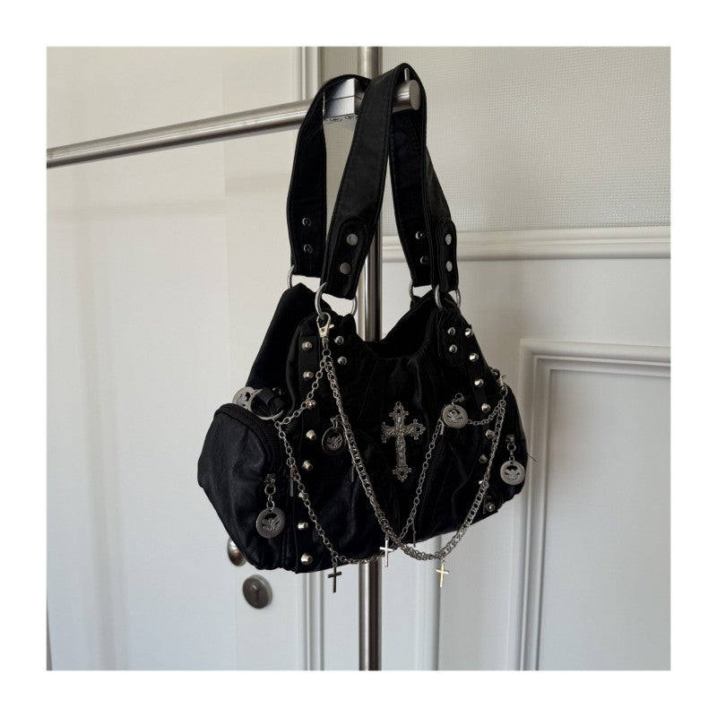 Punk-style chain bag for women, black cross motorcycle bag, niche design versatile tote bag