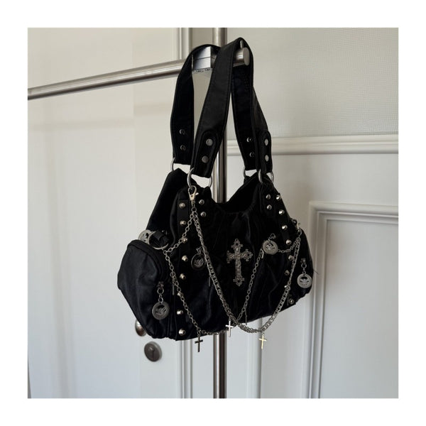 Punk-style chain bag for women, black cross motorcycle bag, niche design versatile tote bag