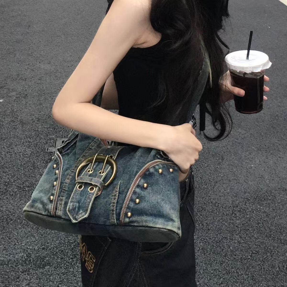 Washed denim single shoulder crossbody bag
