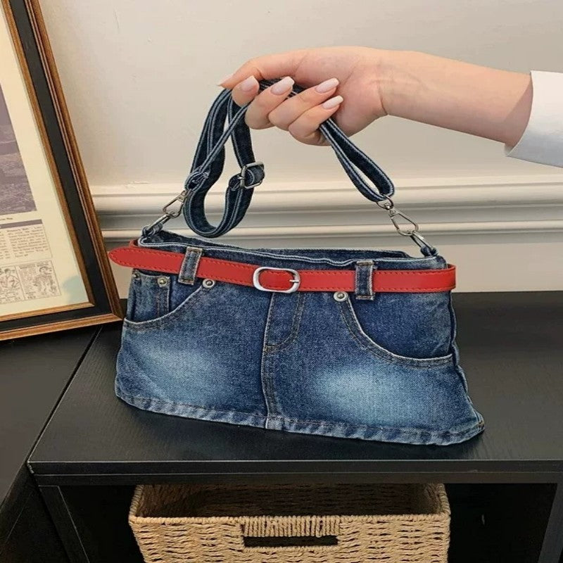 retro denim single-shoulder crossbody bag women's belt decoration creative bag denim skirt bag Secondary image