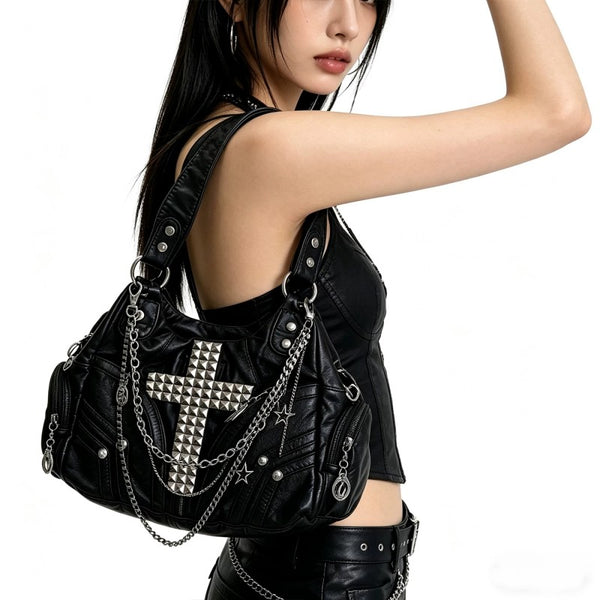 Punk-style chain bag black motorcycle cross-cultural gothic girl single-shoulder tote bag versatile crossbody bag