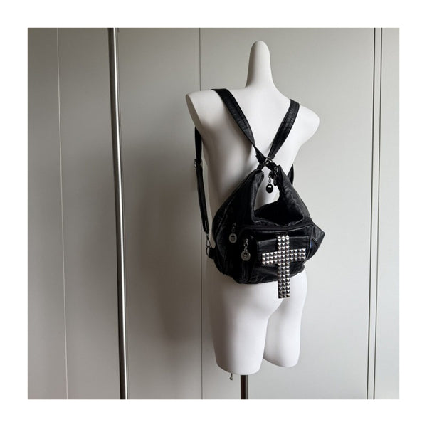 Cross tote bag, black rivet motorcycle bag, spicy girl street commuting single shoulder backpack