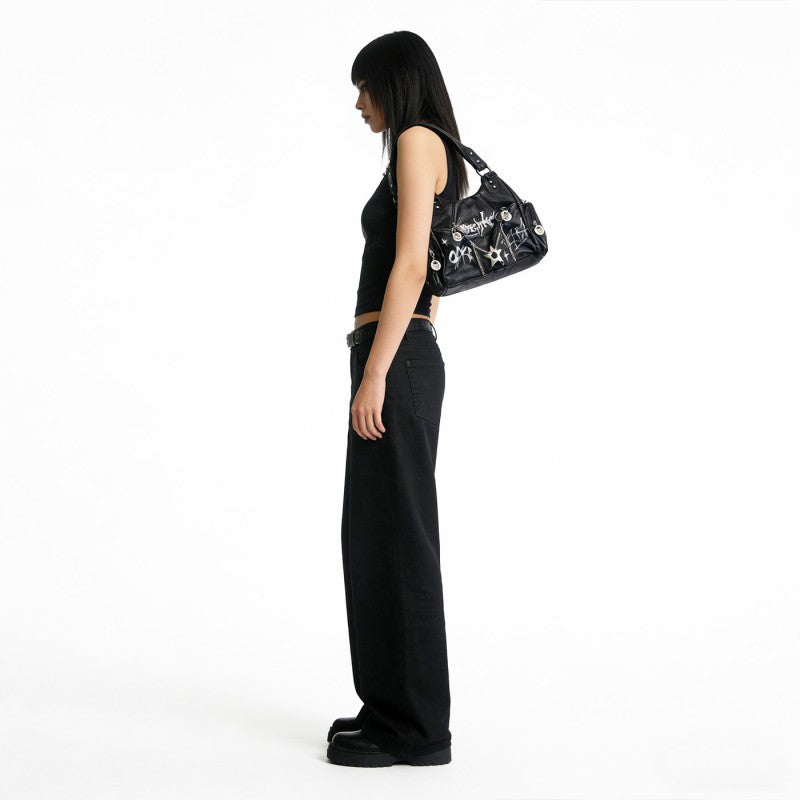 Punk style motorcycle bag women chain dark graffiti sweet and cool tote bag niche Y2K shoulder armpit and crossbody bag