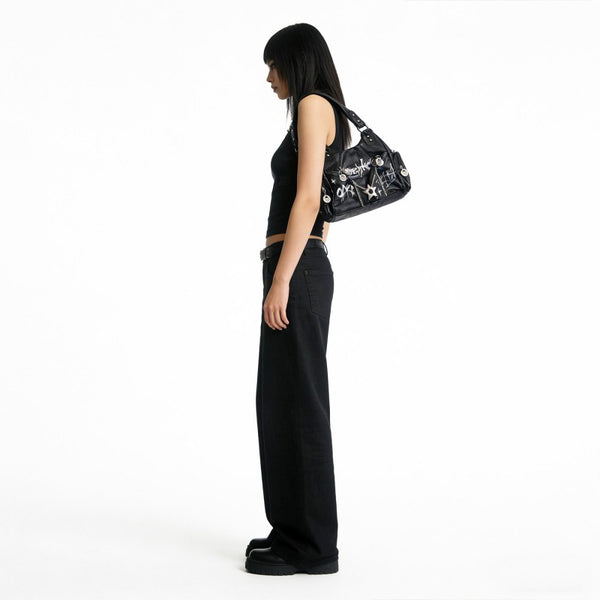 Punk style motorcycle bag women chain dark graffiti sweet and cool tote bag niche Y2K shoulder armpit and crossbody bag