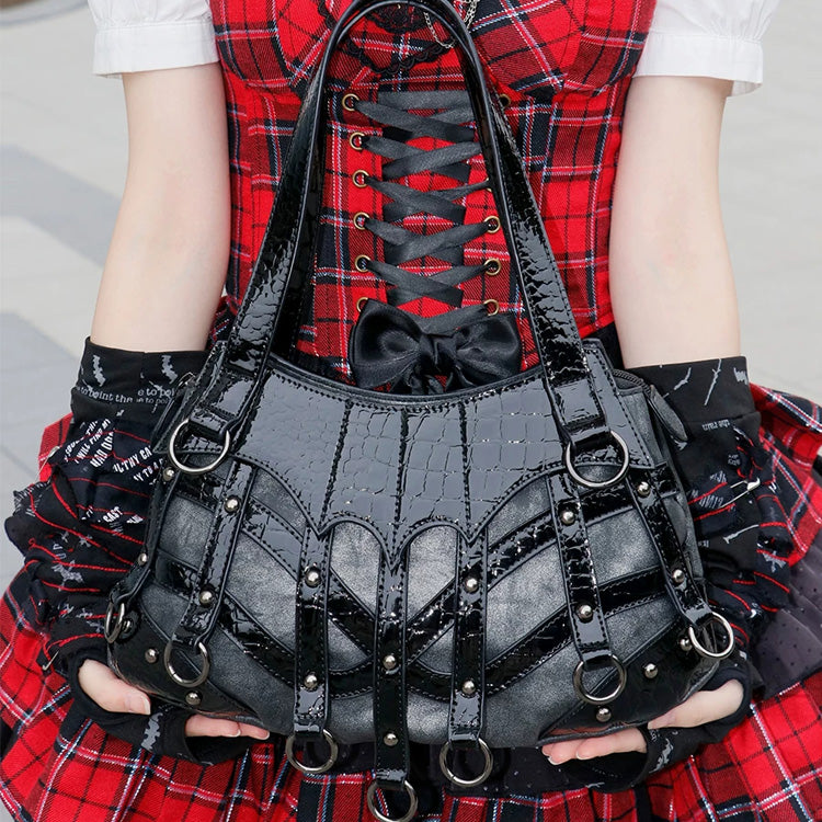 Black Patchwork Studded Punk Crossbody Bag