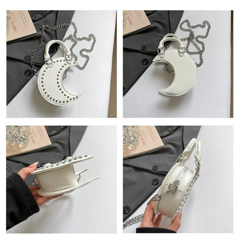 European and American punk style studded moon bag for women, niche design, fashionable chain single-shoulder cute saddle bag