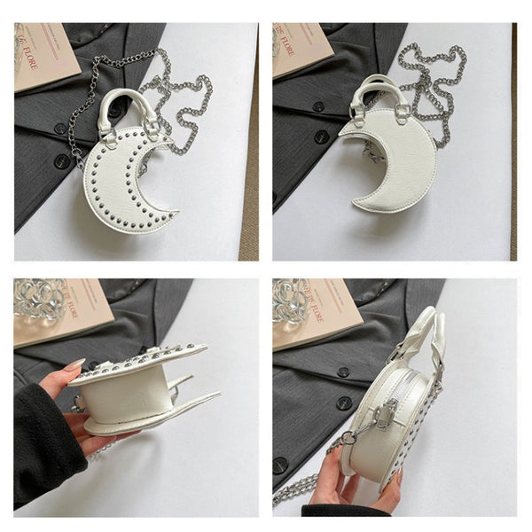 European and American punk style studded moon bag for women, niche design, fashionable chain single-shoulder cute saddle bag