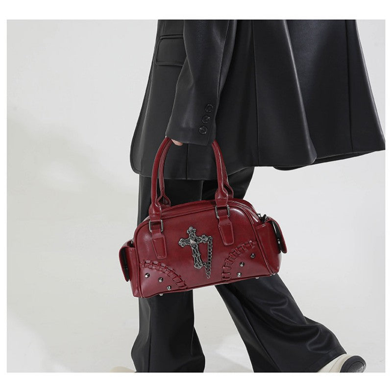 Gothic style cross Boston bag single shoulder斜挎 handbag rivet pillow bag bowling bag